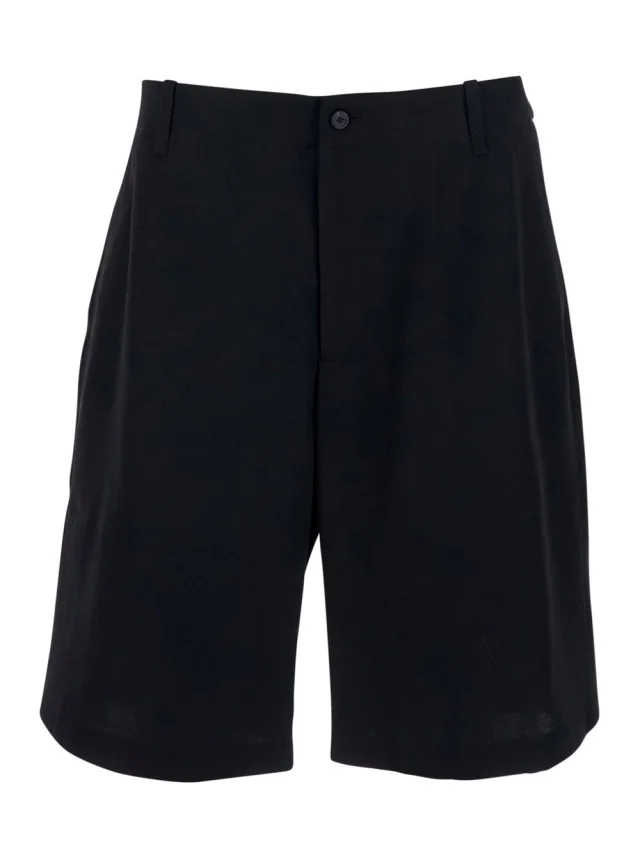 'Le Short Camargue' Black Bermuda Shorts with Belt Loops and Wide Leg in Wool for Men in Black, image 1 of 1 from Gaudenzi Boutique