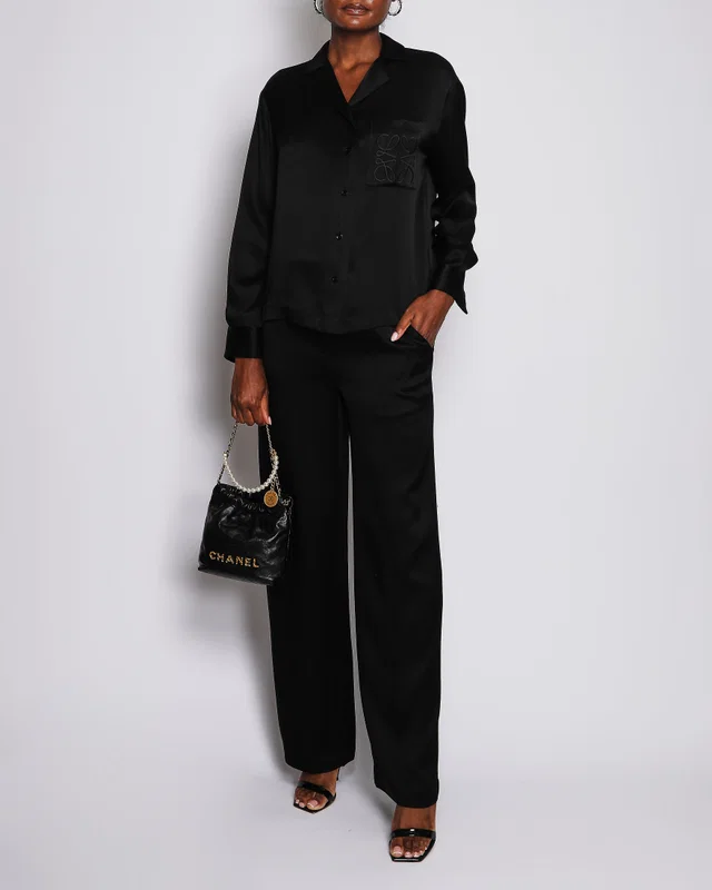 Loewe Black Silk Long-Sleeved Shirt and Trouser Set with Logo Detail Size FR 34 (UK 6) in Black Silk from Sellier