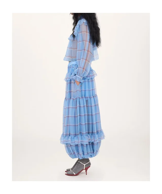 Chloé Ruffled Check Wide-Leg Pants in Silk 100% Description: Fluid pleated trousers in check-print organic silk mousseline with a silk-mix lining, featuring a gathered, tiered…, photo 3 of 7 from SENSER