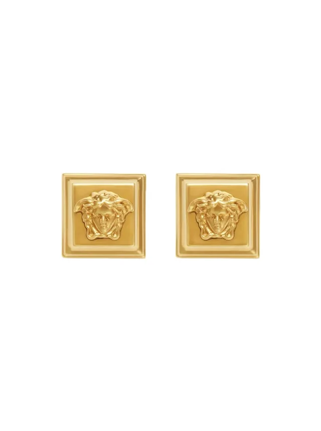 Gold-Colored Square Design Earrings with Medusa Head Details in Brass for Men, image 1 of 1 from Gaudenzi Boutique