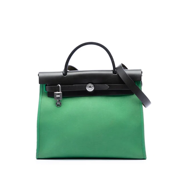 Green Hermès Military Toile and Vache Hunter Herbag Zip 31 Satchel in Green Canvas from Designer Revival