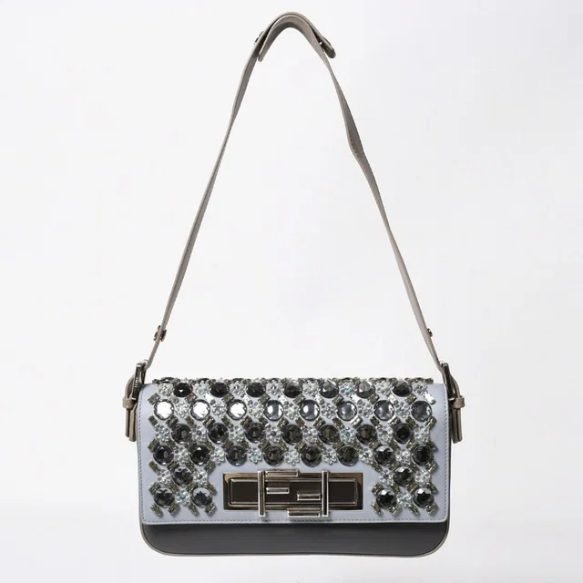 Fendi Shoulder Bag Bucket Bijou Rhinestone Leather Gray Silver in Grey Leather from The Reluxe