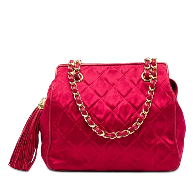 Red Chanel CC Quilted Satin Tassel Chain Shoulder Bag in Red Satin from Designer Revival