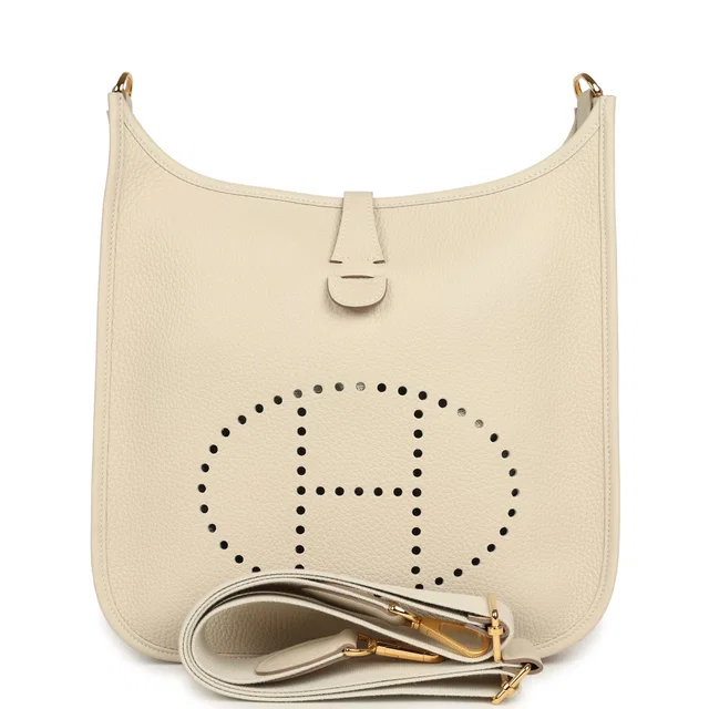 Hermès Evelyne III PM Craie Clemence Gold Hardware in White Clemence leather from Madison Avenue Couture