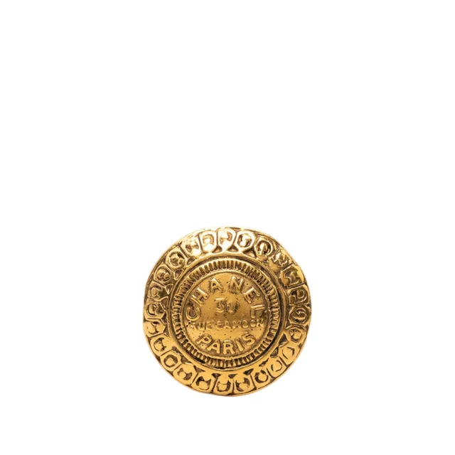 Gold Chanel Gold Plated 31 Rue Cambon Round Brooch in Gold from Designer Revival