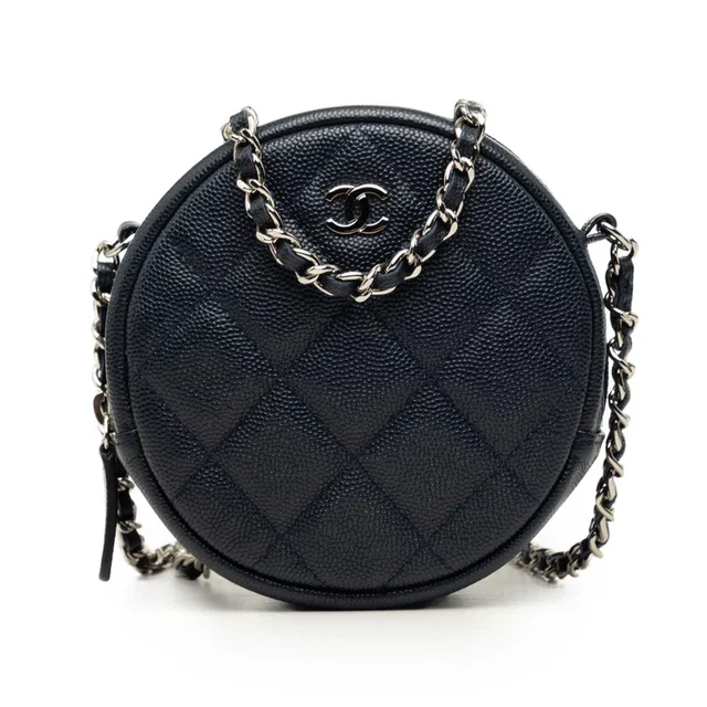 Blue Chanel CC Quilted Caviar Round Clutch With Chain Crossbody Bag in Blue Caviar leather from Designer Revival