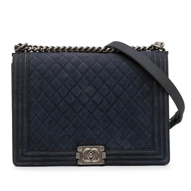 Blue Chanel Large Iridescent Quilted Caviar Boy Flap Crossbody Bag in Blue Caviar leather from Designer Revival