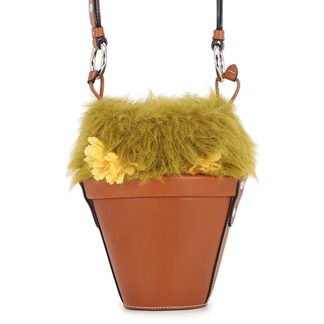 Maison Margiela Flowerpot Shoulder Bag Brown/Green/YellowSB3WG0043P6432HA208 Leather Fur Size Mini in Brown Leather from GALLERY RARE