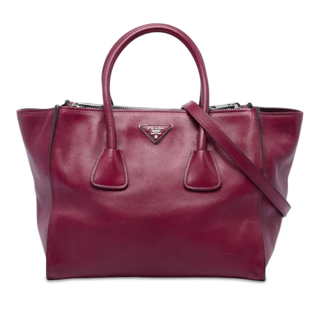 Red Prada Glace Calf Twin Pocket Double Handle Satchel in Red Calfskin from Designer Revival