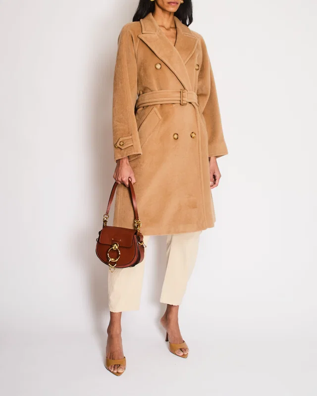 Max Mara Wool Camel Double-Breasted Belted Coat with Brown Buttons Size IT 42 (UK 10) in Brown Wool from Sellier