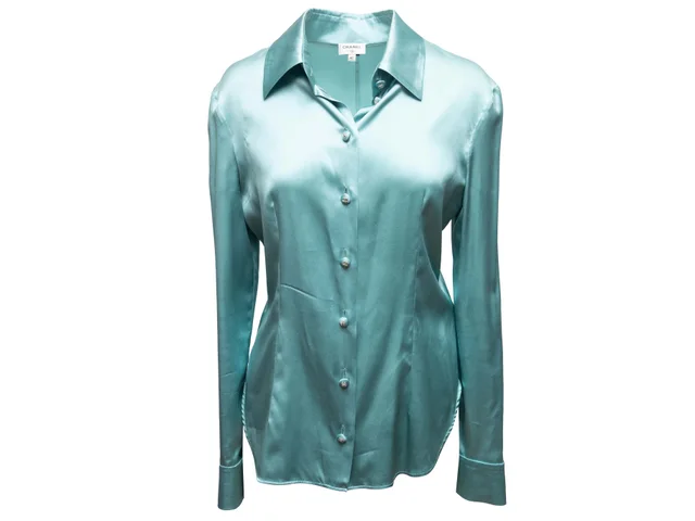 Aqua Chanel Silk Long Sleeve Button-Up Top Size FR 40 in Blue Silk from Designer Revival, photo 2 of 7