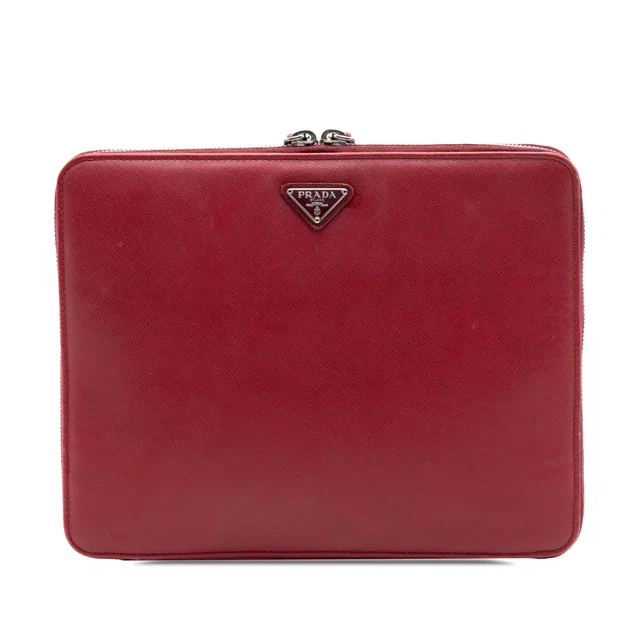 Red Prada Saffiano Zip Around iPad Case Clutch Bag in Red Saffiano leather from Designer Revival