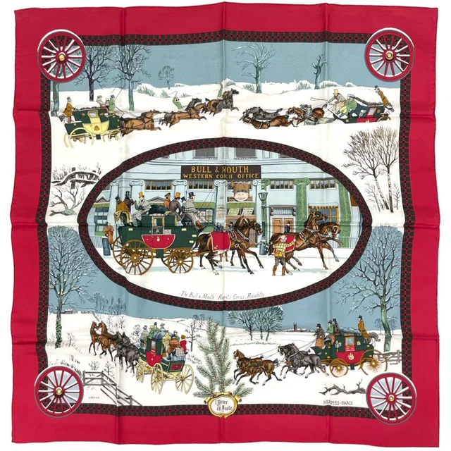 Hermès Carre 90 L'hiver en Poste Scarf Winter Mail Carriage Silk Red Multicolor in Red Silk from The Reluxe