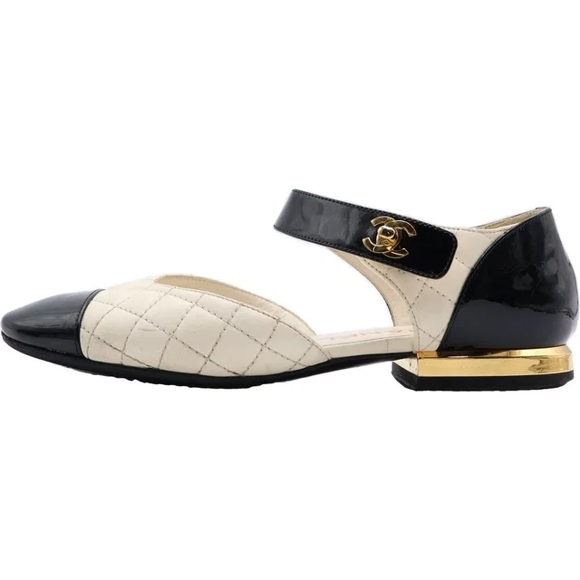 Chanel Ballerina Patent Quilted Turnlock Flat Pumps Black White in Black Patent leather from The Reluxe