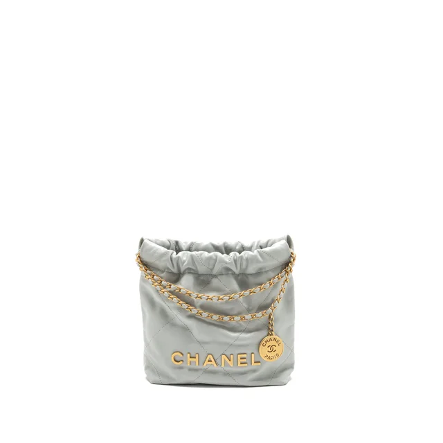 Chanel Mini 22 Bag Calfskin Light Grey GHW (Microchip) in Grey Calfskin from EMIER