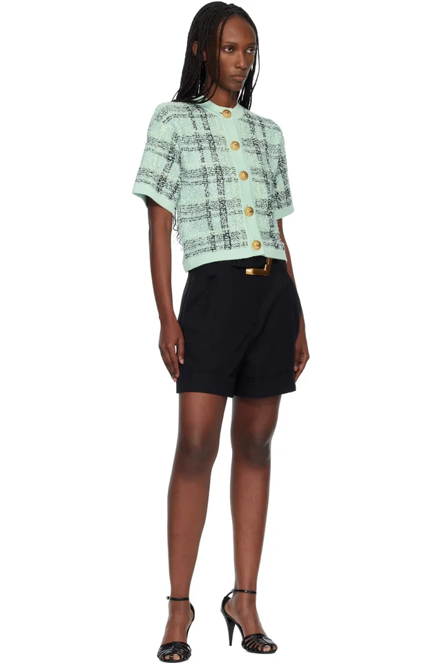 BALMAIN Green Buttoned Shiny Light Tweed Cardigan, photo 4 of 4 from SSENSE