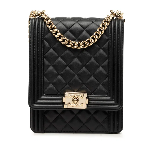 Black Chanel Quilted Lambskin North South Boy Flap Crossbody Bag in Black Lambskin from Designer Revival