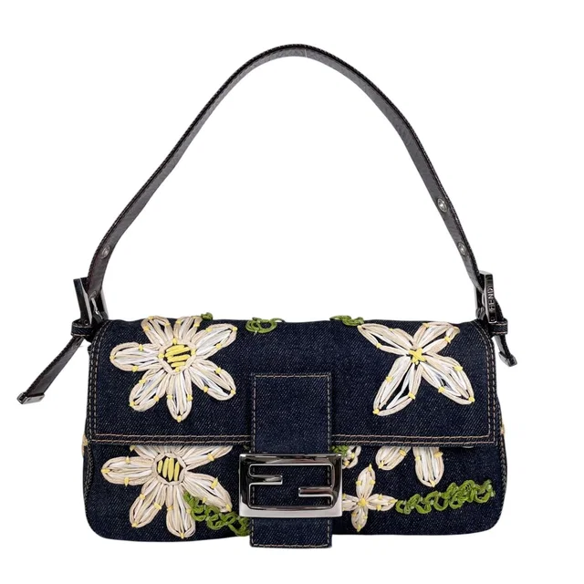 Fendi Mamma Baguette Handbag Denim Multicolor Flower Floral Pattern Embroidery in Multicolor Denim from The Reluxe