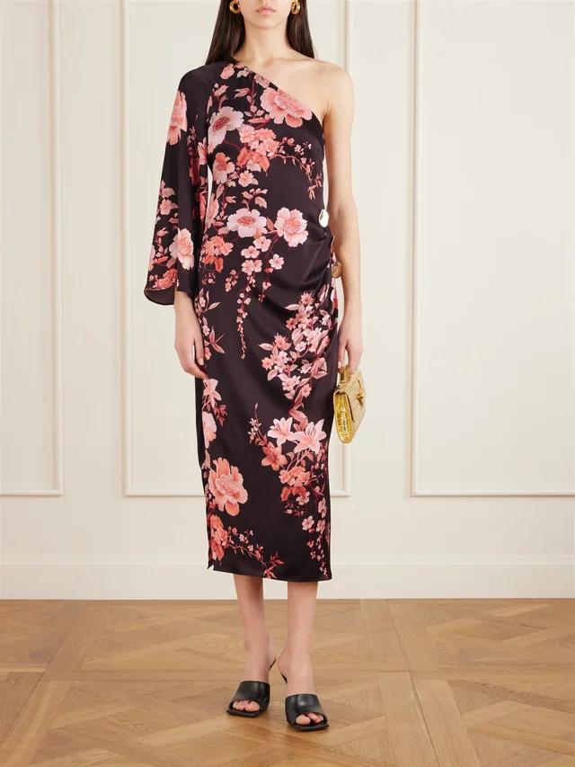 BORGO DE NOR Atlantis one-sleeve embellished printed satin midi dress in Purple, photo 2 of 2 from NET-A-PORTER (Canada)
