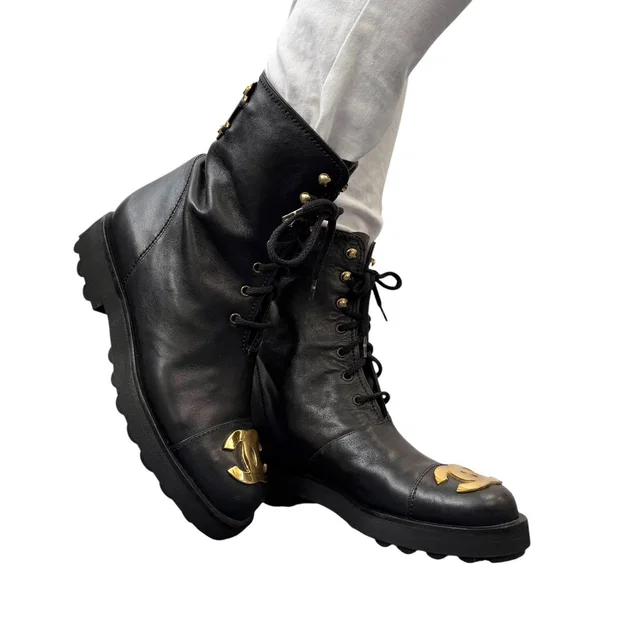 Chanel Vintage CC Logo Lace-up Ankle Boots #36.5 Short Boots Black Gold Leather in Black Leather from Luxury Promise