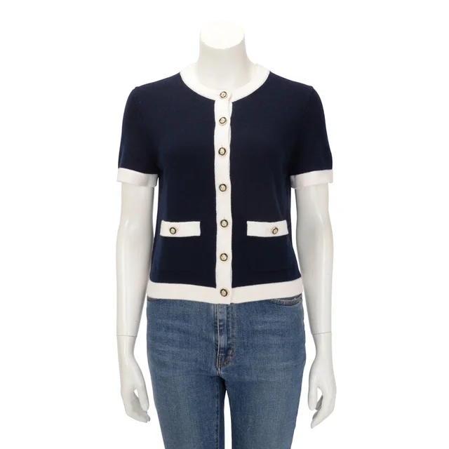 Chanel Knit Short Sleeve Cardigan FR 38 in Navy & White Cashmere from Blue Spinach