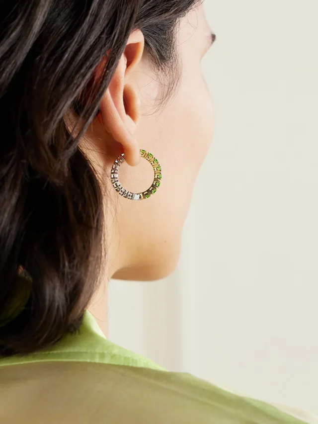 YVONNE LÉON 9-karat white and yellow gold, topaz and glass hoop earrings in Metallic, photo 2 of 2 from NET-A-PORTER (Canada)