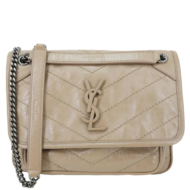 Saint Laurent Niki Baby Monogram Crinkled Leather Chain Crossbody Bag Beige in Beige Leather from Dallas Designer Handbags