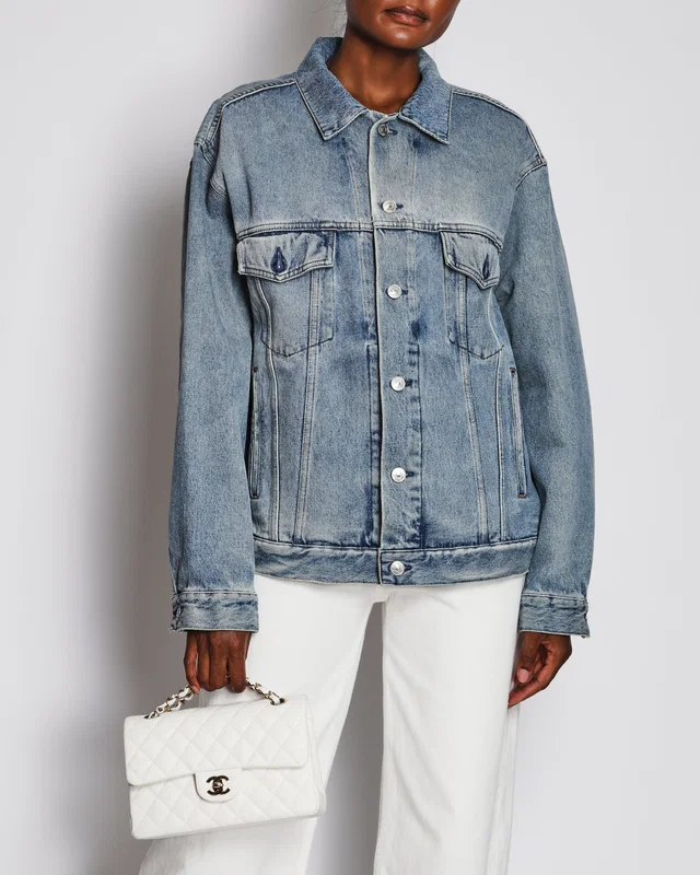 Balenciaga Blue Washed Black Denim Oversized Jacket with Diamante Logo Detail Size FR 34 (UK 6) in Black Denim from Sellier