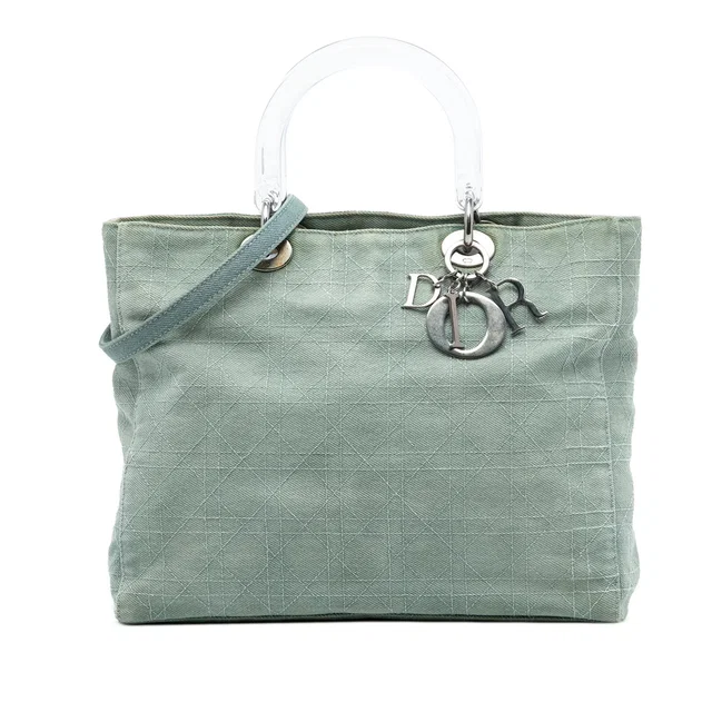 Blue Dior Large Denim Cannage Acrylic Handles Lady Dior Satchel in Blue Denim from Designer Revival