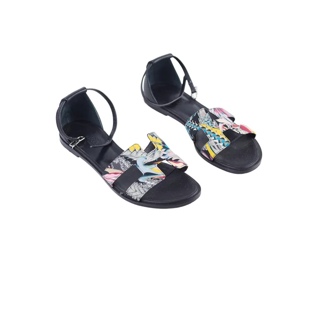 Hermès Santorini Sandals Multicolor Toile Size 37.5 in Multicolor Canvas from The Purse Affair