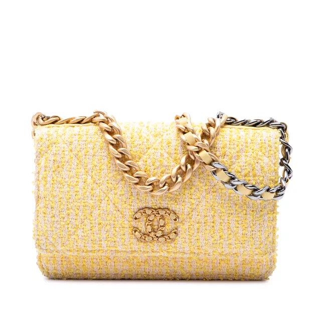 Yellow Chanel Tweed 19 Wallet On Chain Satchel in Yellow Tweed from Designer Revival