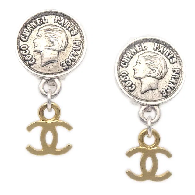 Chanel Medallion Dangle Earrings Gold Silver Clip-On 97P in Gold from AMORE Vintage Tokyo
