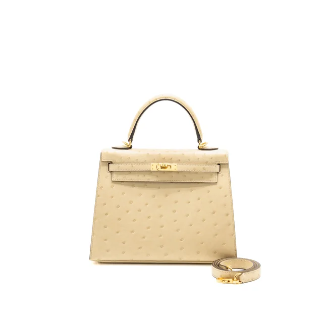 Hermès Kelly 25 Ostrich 3C Parchemin GHW Stamp U in Ostrich from EMIER