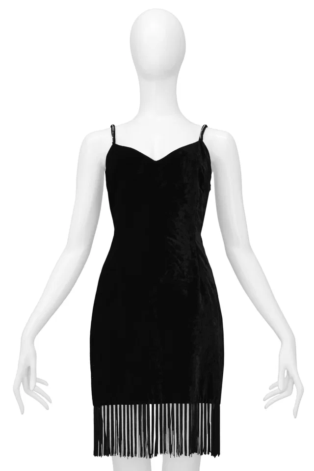 Dolce & Gabbana Black Velvet Mini Dress W/ Fringe Hem & Rhinestone Straps in Black Velvet from Resurrection Vintage