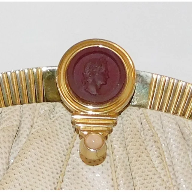 Judith Leiber Large Beige Karung Leather Pink Quartz Cameo Clutch Shoulder Bag in gold|pink|red Leather from Poshmark, photo 7 of 13