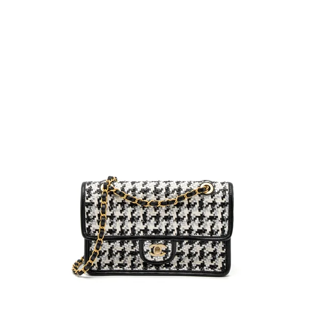 Chanel 23C Houndstooth Weaving Flap Bag Tweed/Lambskin Black/White Brushed GHW (Microchip) in Black Lambskin from EMIER