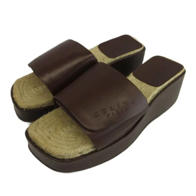 Celine Slide Sandals Leather Espadrilles Platform Strap Logo Brown Beige in Brown Leather from The Reluxe