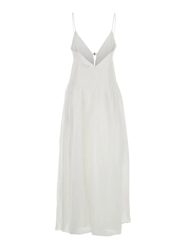 TORY BURCH Long Sleeveless Dress with V-Neck and Logo Plate on the Neck in Linen and Silk Blend White Women in White 70% Linen 30% Silk, photo 4 of 6 from Gaudenzi Boutique
