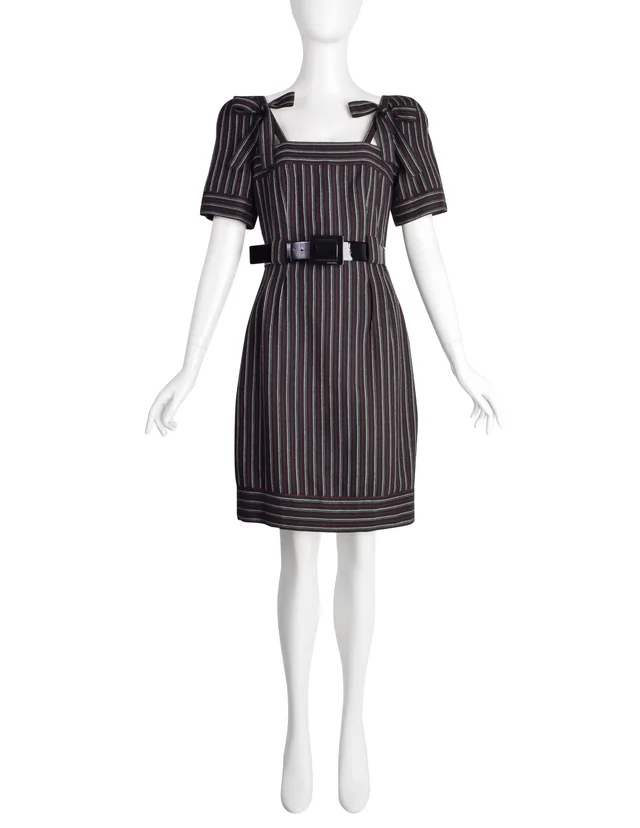 Chanel Vintage AW 2007 Black White Red Pinstripe Wool Bow Wiggle Dress with Belt in Black Wool from Amarcord Vintage Fashion