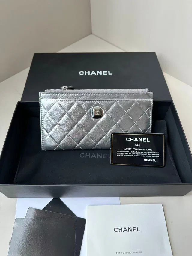 Chanel Quilted Leather Long Wallet - Silver in Silver Leather from Luxury Promise