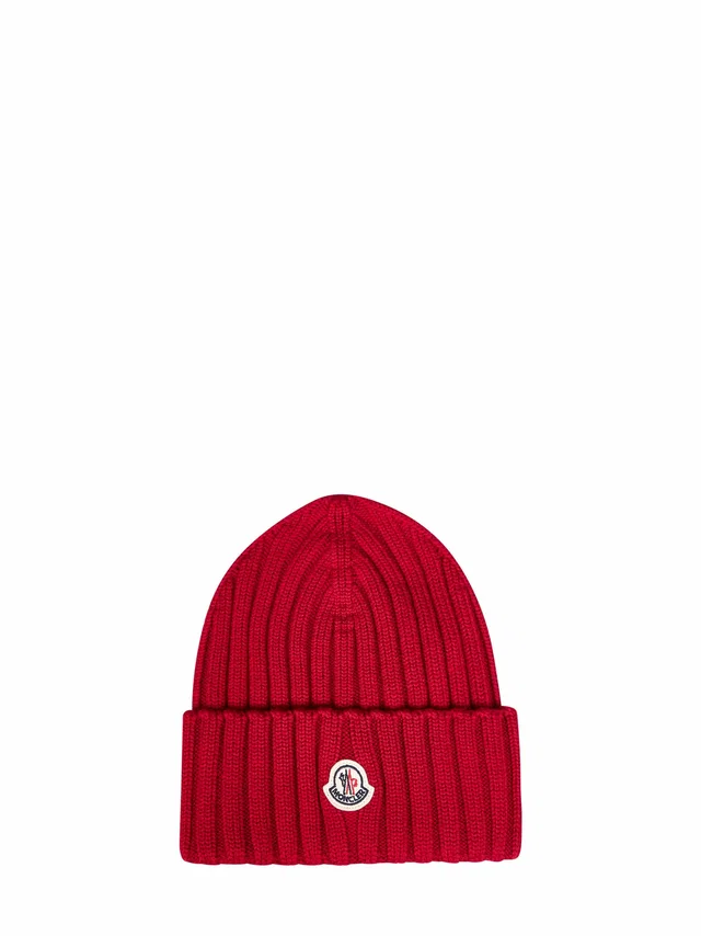 Moncler L20933b00036a9327456 Ribbed Virgin Wool Beanie — Red Beanies in Red Wool from HEWI