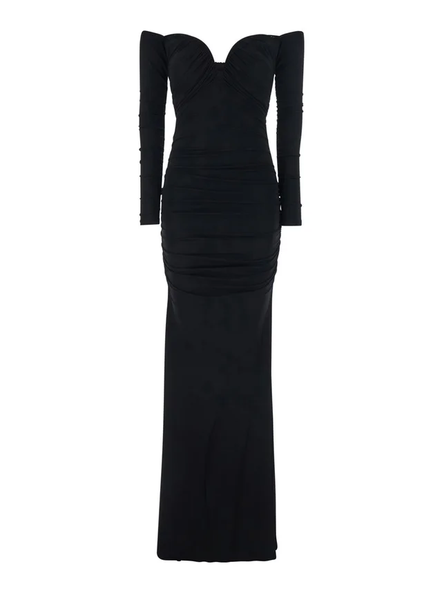 ELISABETTA FRANCHI Black Off Shoulder Dress with Ruffles in Stretch Viscose for Women in Black 95% Viscose 5% Elastane, photo 2 of 6 from Gaudenzi Boutique
