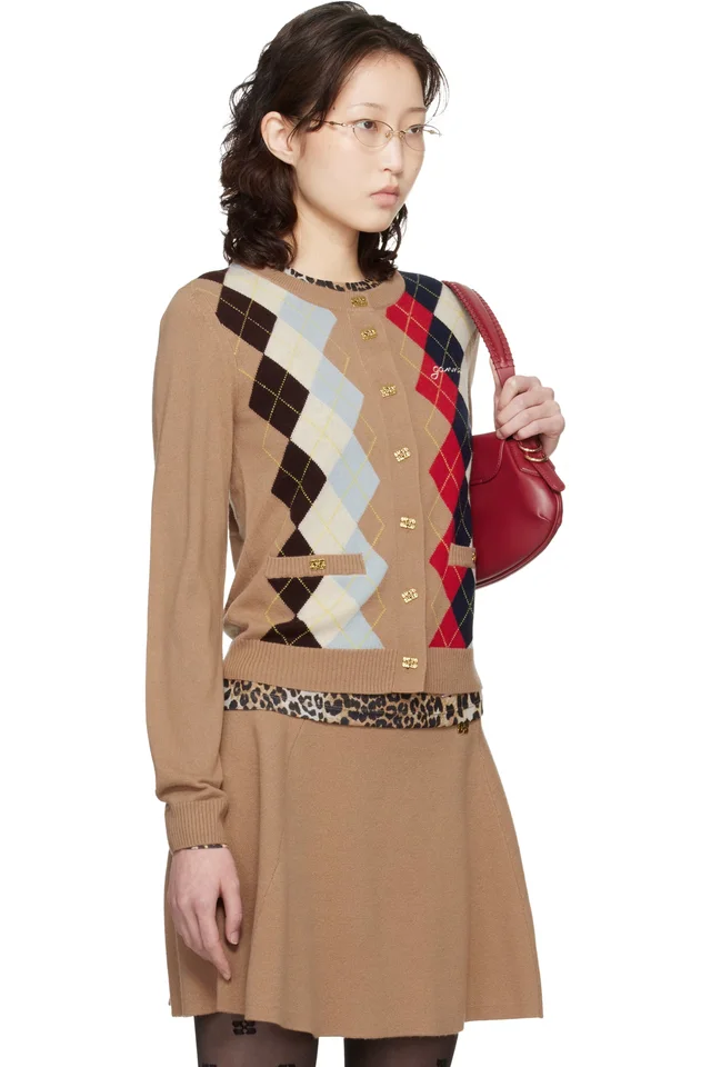 GANNI Beige Argyle Print Cardigan, photo 2 of 4 from SSENSE