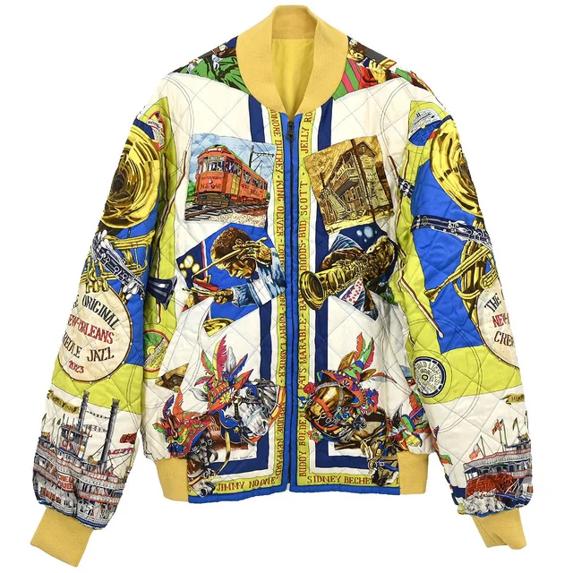 Hermès 1980s THE ORIGINAL NEW ORLEANS CREOLE JAZZ 1923 Reversible Bomber Jacket #46 in Silk from AMORE Vintage Tokyo