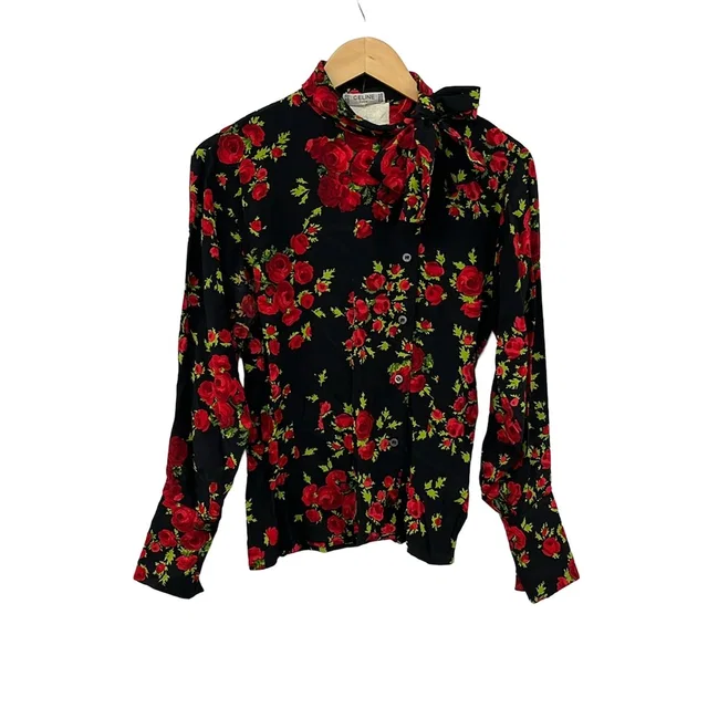 Celine Long Sleeve Shirt Blouse Black Red Light Green Floral Pattern in Black from The Reluxe
