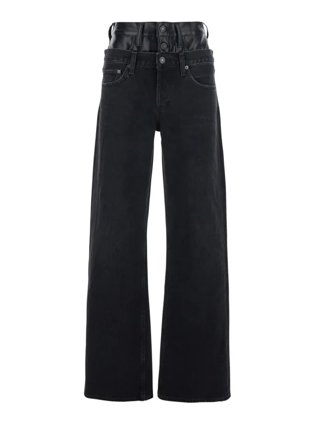 Black 'Elson' Double Waist Jeans with Leather Details In Denim Women in Black, image 1 of 1 from Gaudenzi Boutique