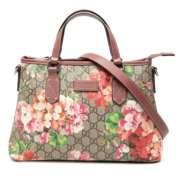 Beige Gucci GG Supreme Blooms Zippered Tote Satchel in Beige Coated canvas from Designer Revival