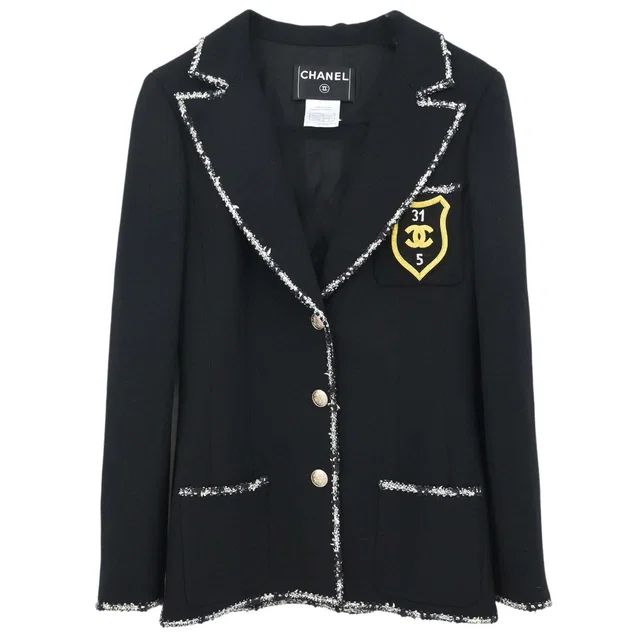 Chanel 2005 Single Breasted Emblem Jacket Black #36 in Black Wool from AMORE Vintage Tokyo