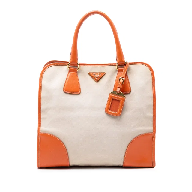 Beige Prada Saffiano Trimmed Canvas Canapa Satchel in Beige Saffiano leather from Designer Revival