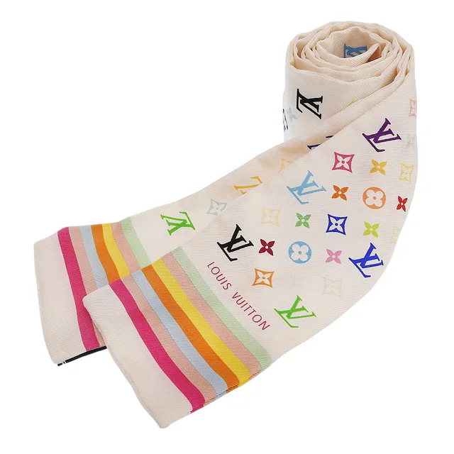 Louis Vuitton Silk Monogram Multicolor Bando Scarf White in White Silk from VINTAGE QOO TOKYO